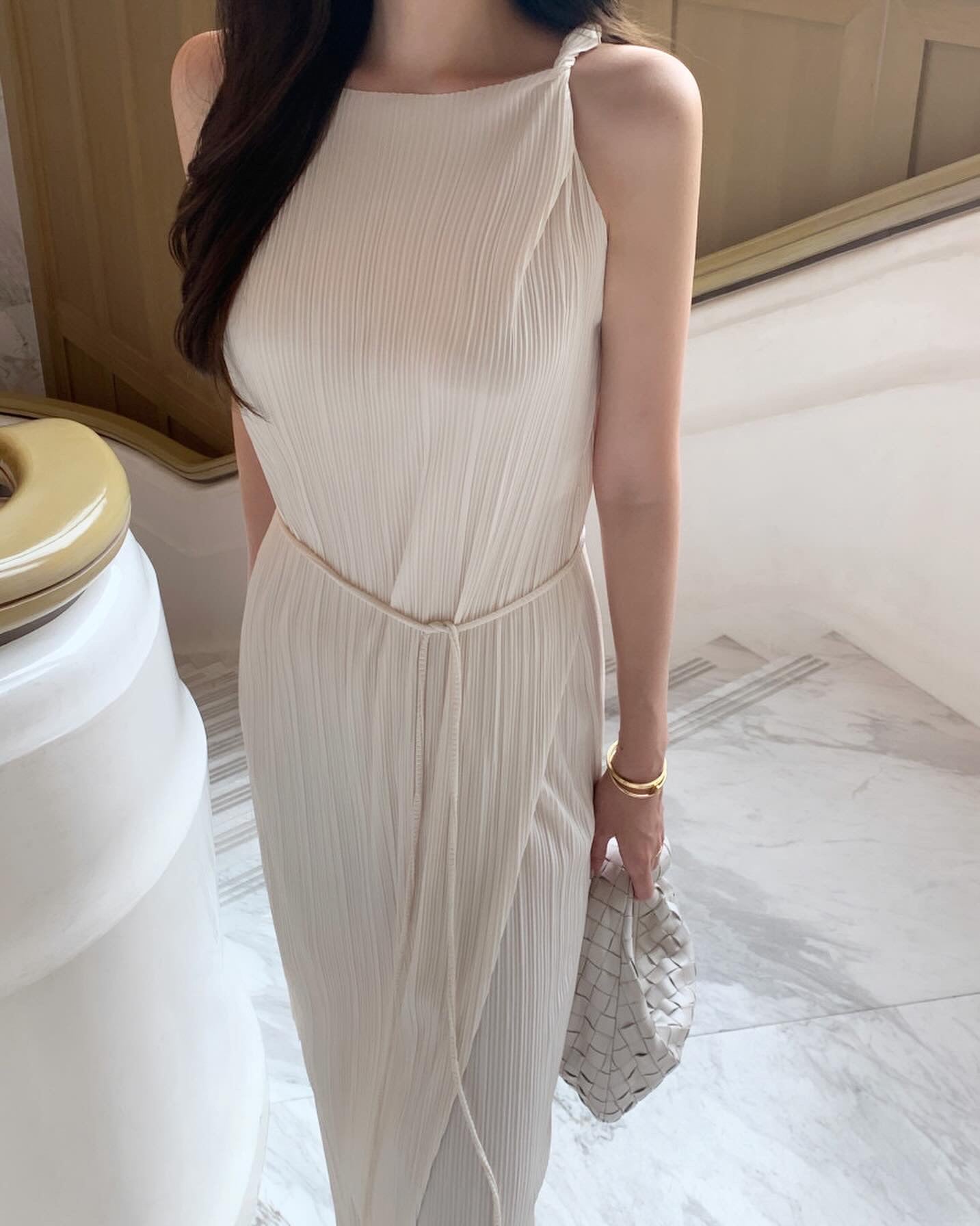 皺摺長款扭結背心+休閒長褲套裝