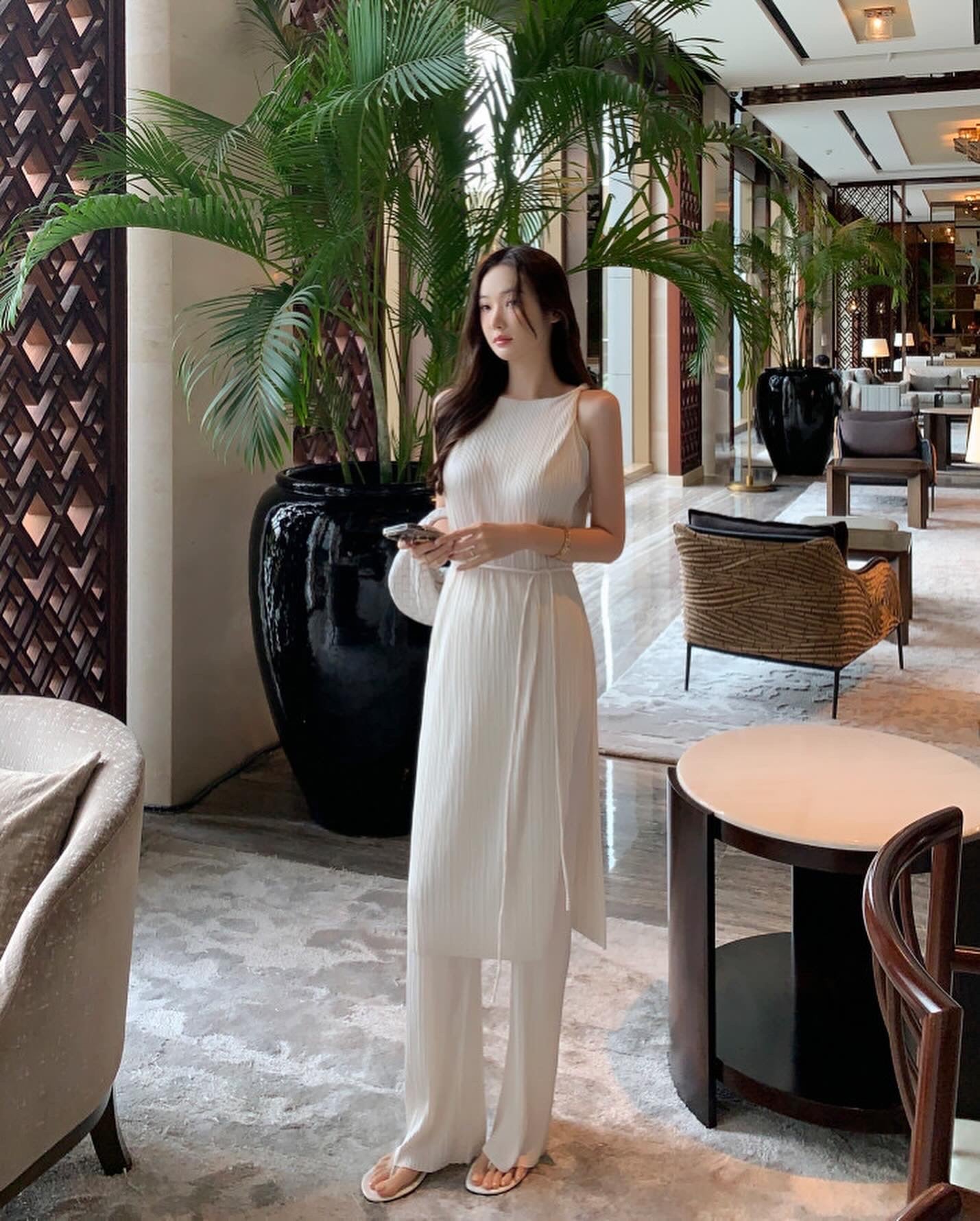 皺摺長款扭結背心+休閒長褲套裝