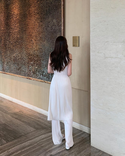 皺摺長款扭結背心+休閒長褲套裝