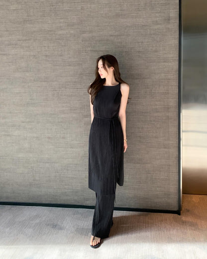 皺摺長款扭結背心+休閒長褲套裝