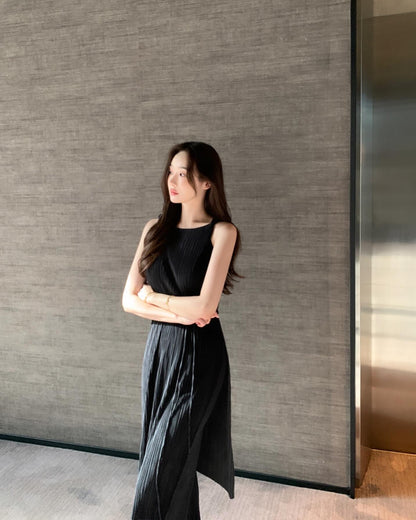 皺摺長款扭結背心+休閒長褲套裝