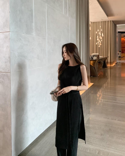 皺摺長款扭結背心+休閒長褲套裝