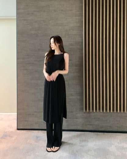 皺摺長款扭結背心+休閒長褲套裝