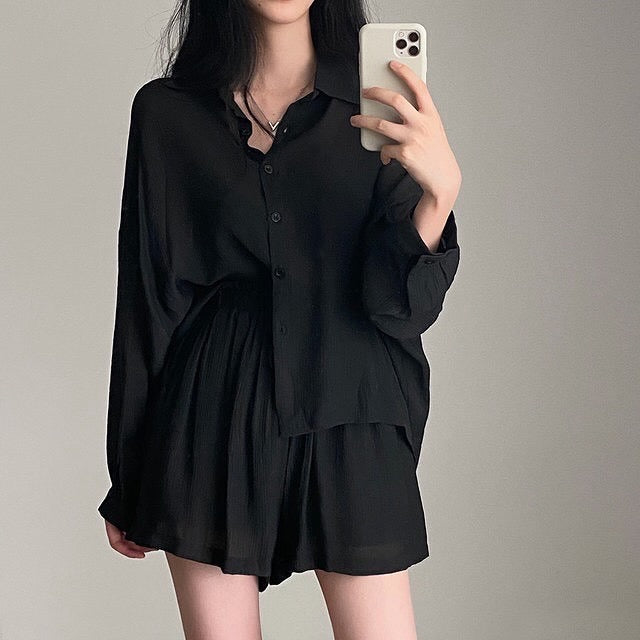 Loose Thin Shirt + High Waist Wide-leg Casual Shorts