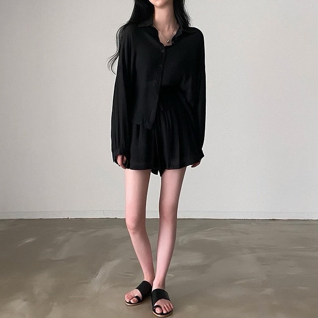 Loose Thin Shirt + High Waist Wide-leg Casual Shorts