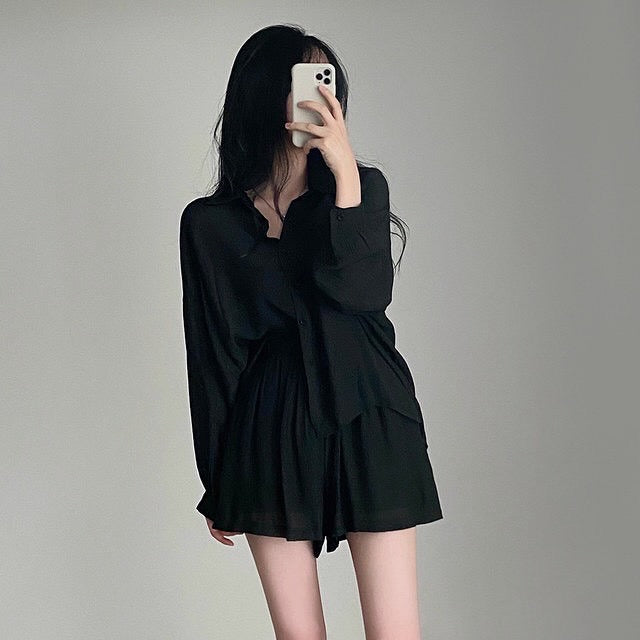 Loose Thin Shirt + High Waist Wide-leg Casual Shorts