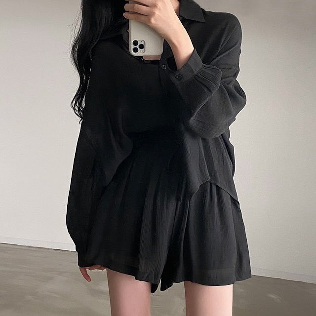 Loose Thin Shirt + High Waist Wide-leg Casual Shorts