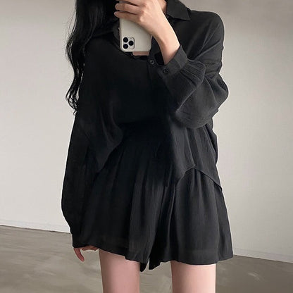 Loose Thin Shirt + High Waist Wide-leg Casual Shorts