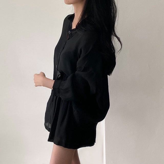 Loose Thin Shirt + High Waist Wide-leg Casual Shorts