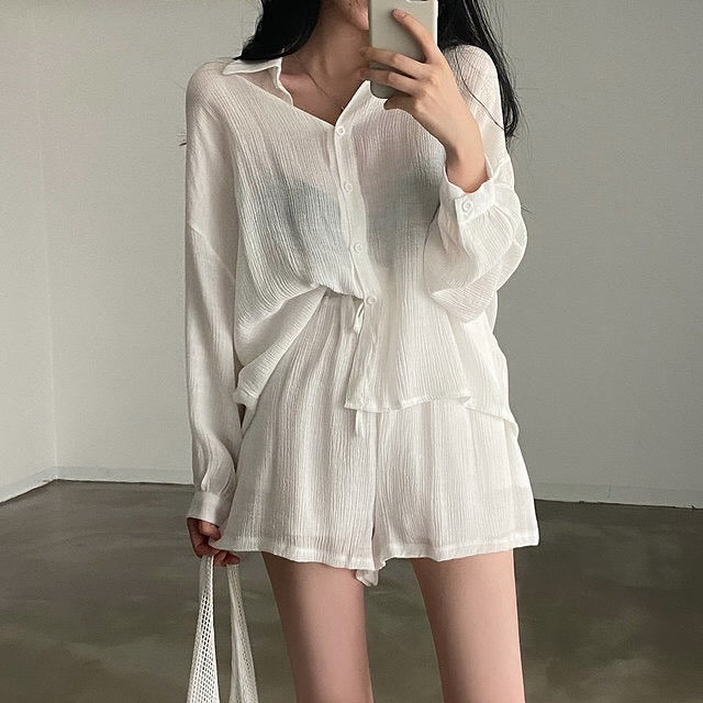 Loose Thin Shirt + High Waist Wide-leg Casual Shorts