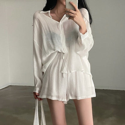 Loose Thin Shirt + High Waist Wide-leg Casual Shorts