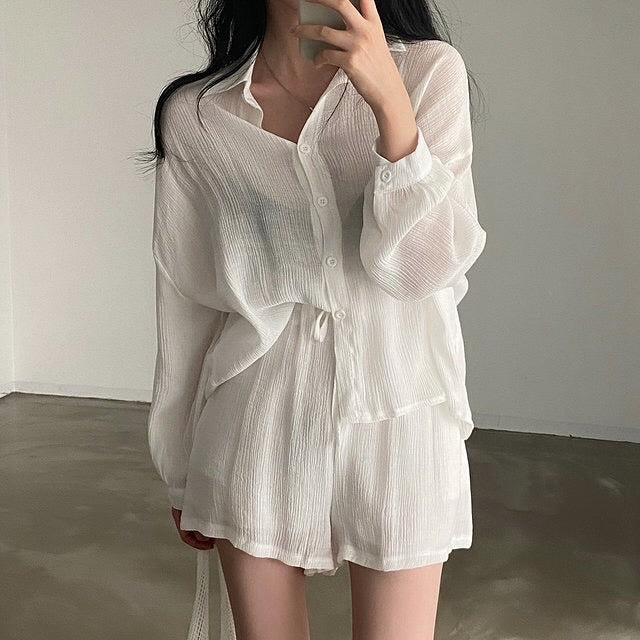 Loose Thin Shirt + High Waist Wide-leg Casual Shorts