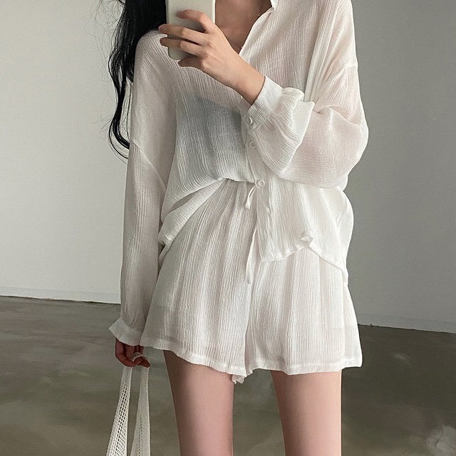 Loose Thin Shirt + High Waist Wide-leg Casual Shorts