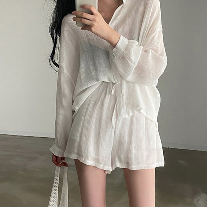 Loose Thin Shirt + High Waist Wide-leg Casual Shorts