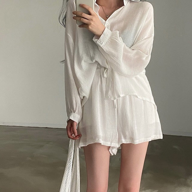 Loose Thin Shirt + High Waist Wide-leg Casual Shorts