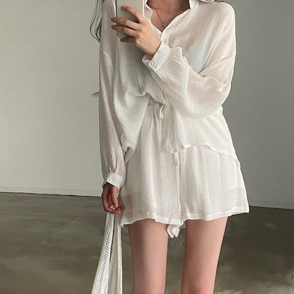 Loose Thin Shirt + High Waist Wide-leg Casual Shorts
