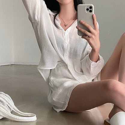 Loose Thin Shirt + High Waist Wide-leg Casual Shorts