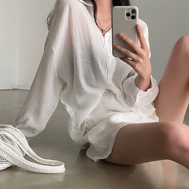 Loose Thin Shirt + High Waist Wide-leg Casual Shorts
