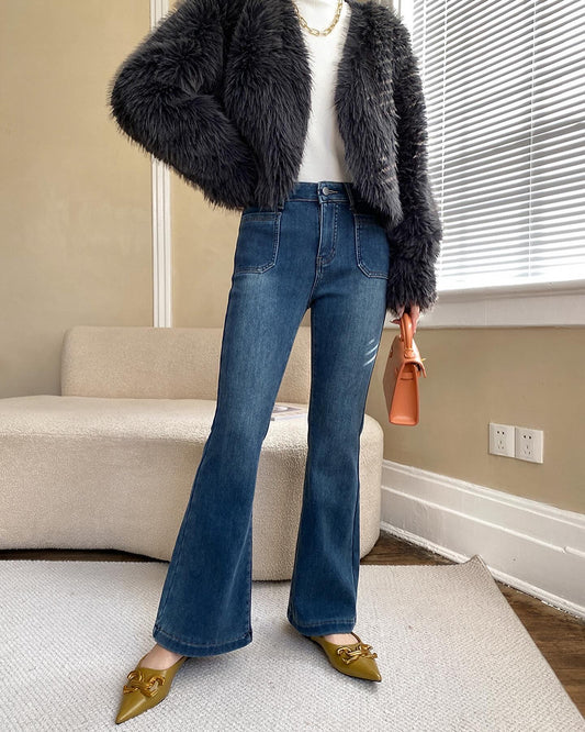 高腰口袋微喇叭牛仔褲