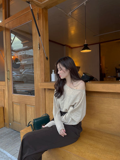 ニット斜めネックオフショルダートップス