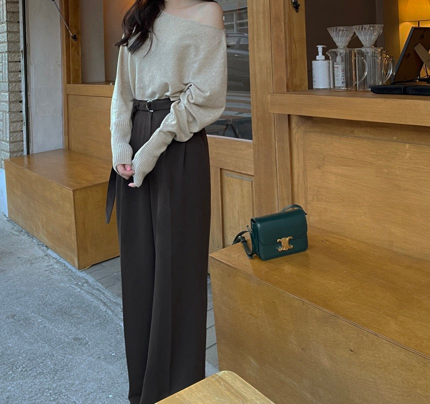 ニット斜めネックオフショルダートップス