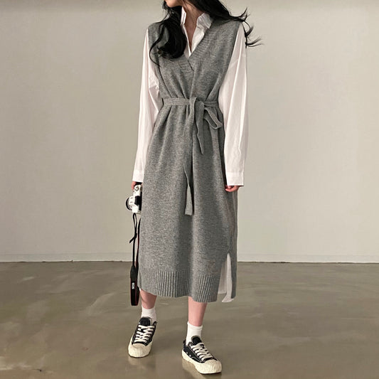 復古寬鬆長袖恤衫裙+針織背心裙