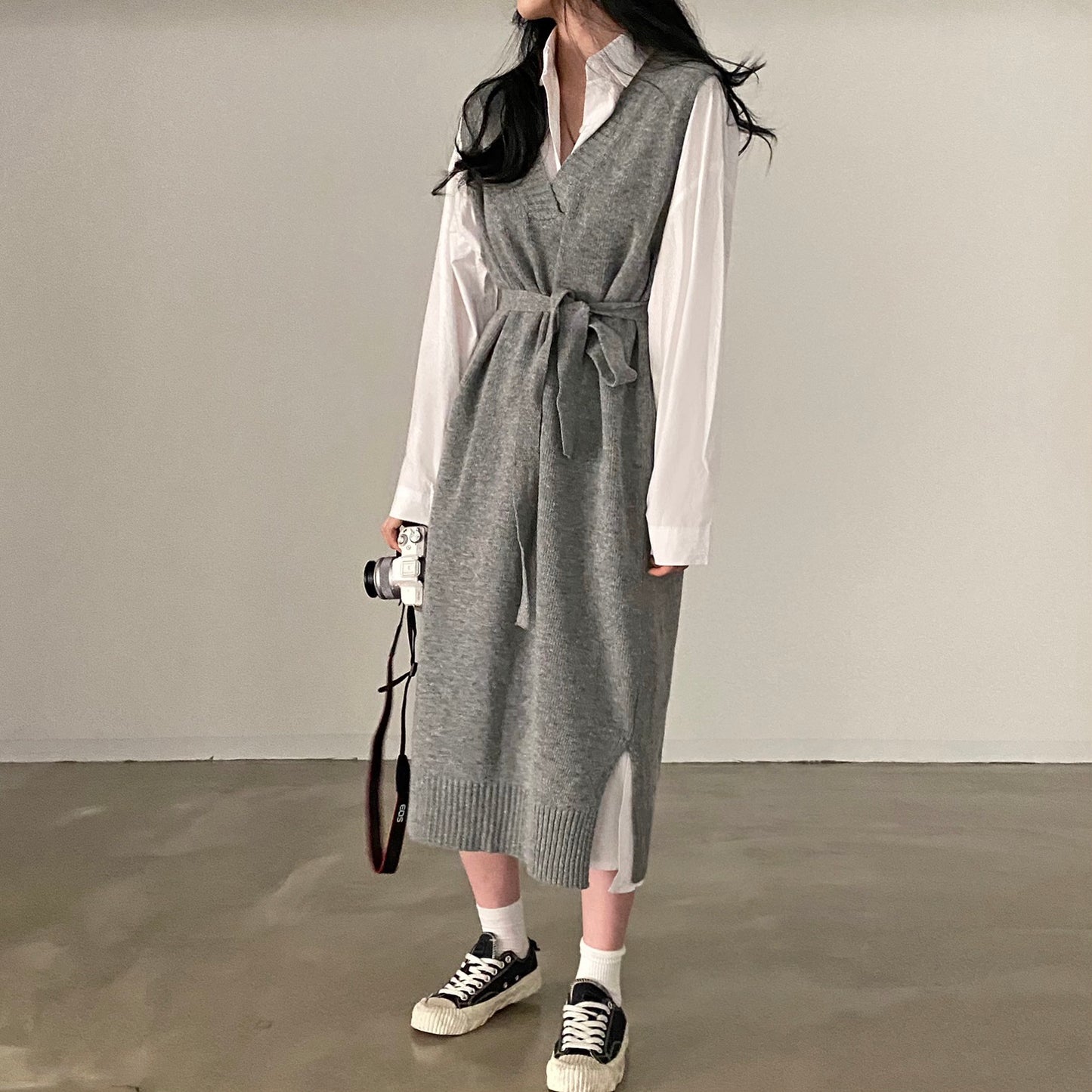 復古寬鬆長袖恤衫裙+針織背心裙