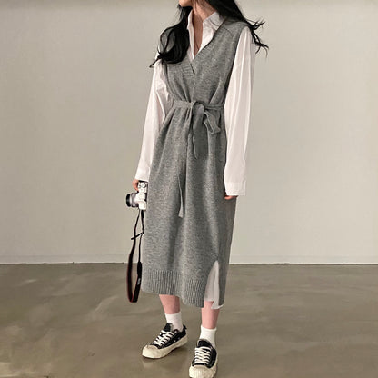 復古寬鬆長袖恤衫裙+針織背心裙