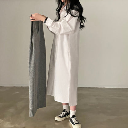 復古寬鬆長袖恤衫裙+針織背心裙