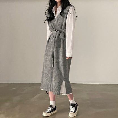 復古寬鬆長袖恤衫裙+針織背心裙