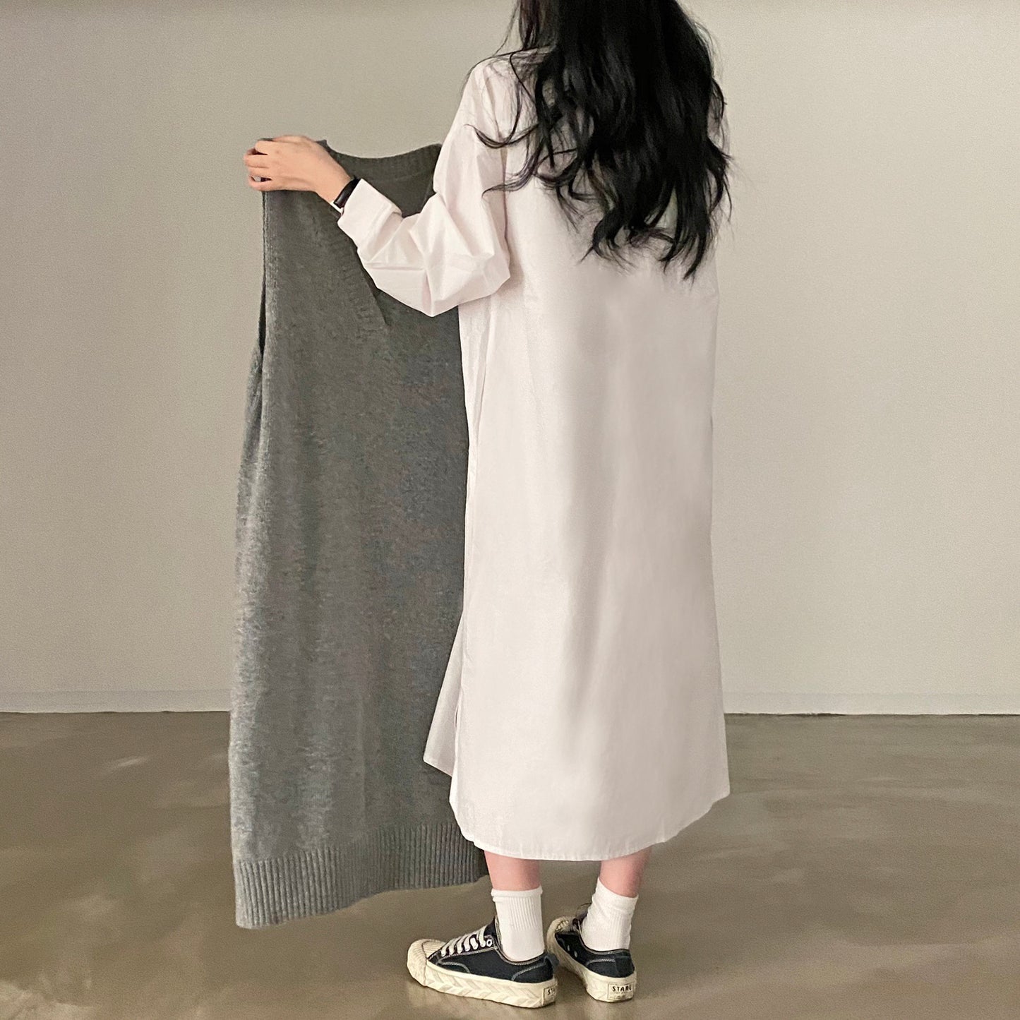 復古寬鬆長袖恤衫裙+針織背心裙