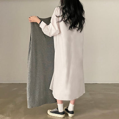 復古寬鬆長袖恤衫裙+針織背心裙