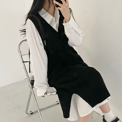 復古寬鬆長袖恤衫裙+針織背心裙