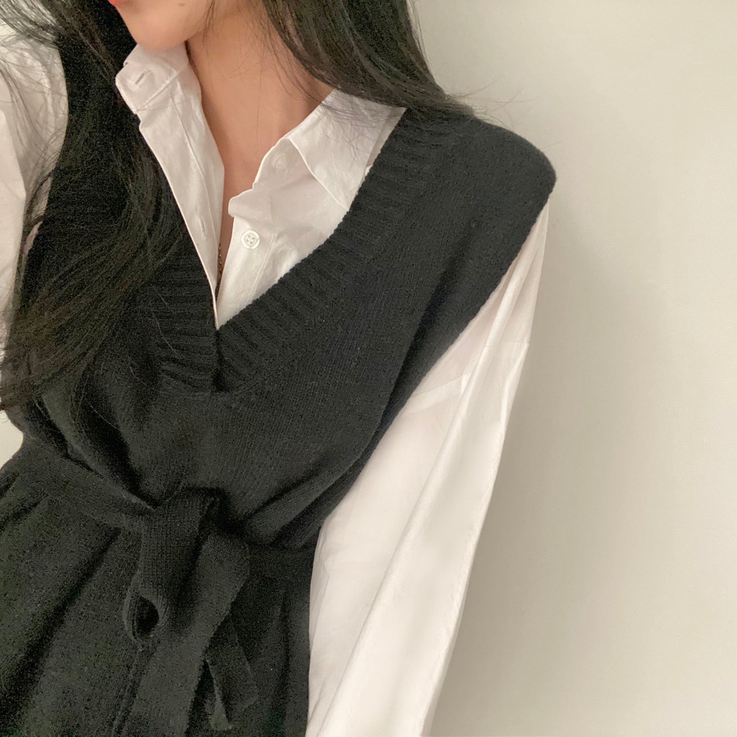 復古寬鬆長袖恤衫裙+針織背心裙