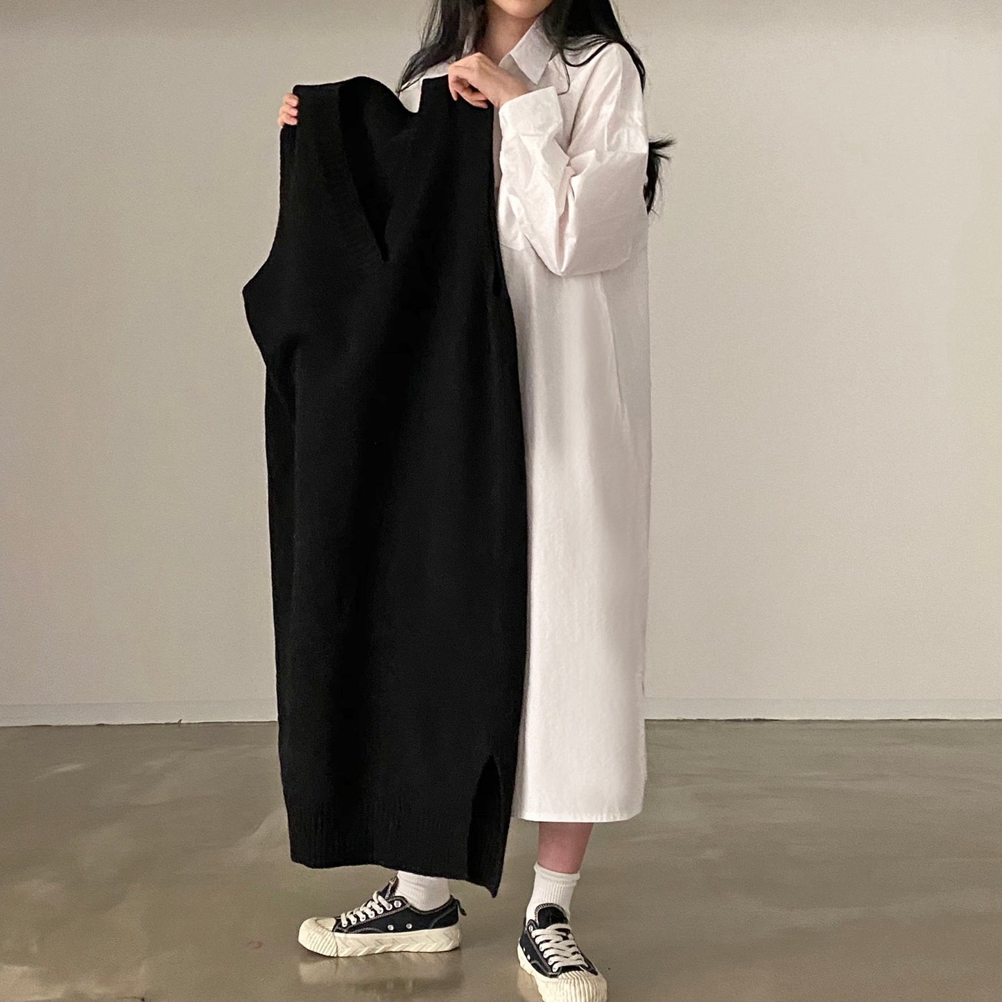 復古寬鬆長袖恤衫裙+針織背心裙