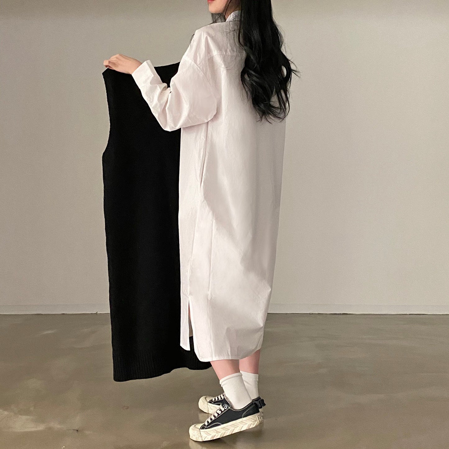 復古寬鬆長袖恤衫裙+針織背心裙