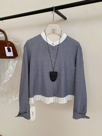 條紋撞色拼接恤衫