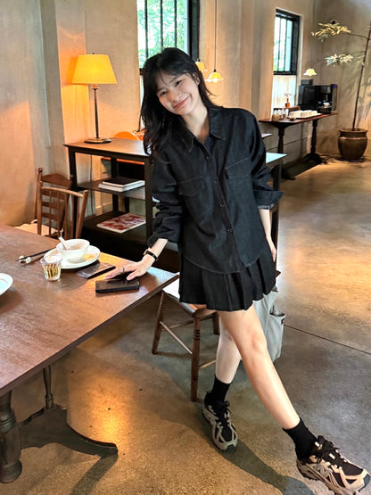韓系牛仔襯衫+半身裙套裝