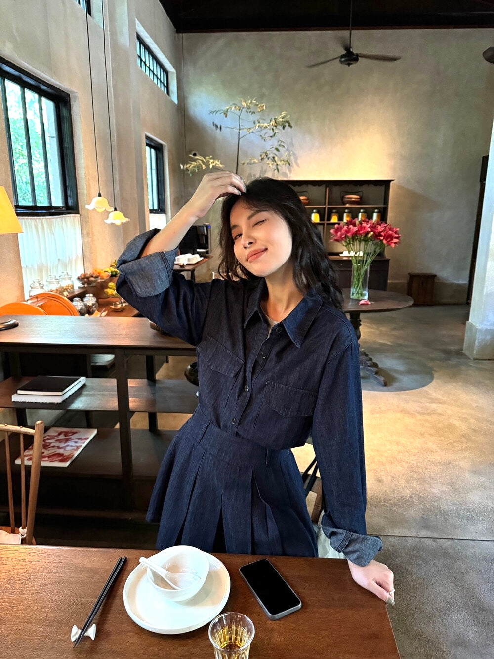 韓系牛仔襯衫+半身裙套裝