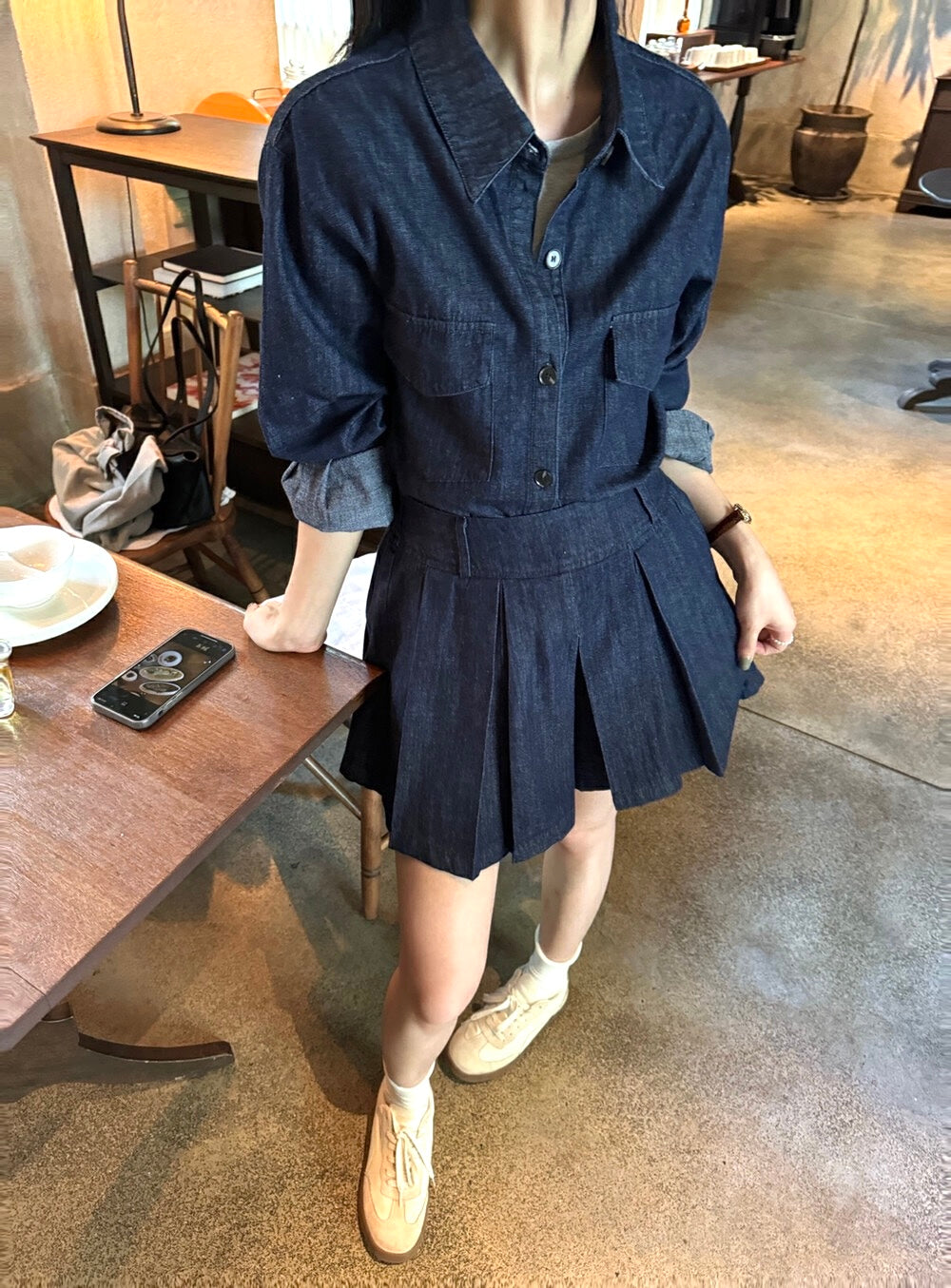 韓系牛仔襯衫+半身裙套裝