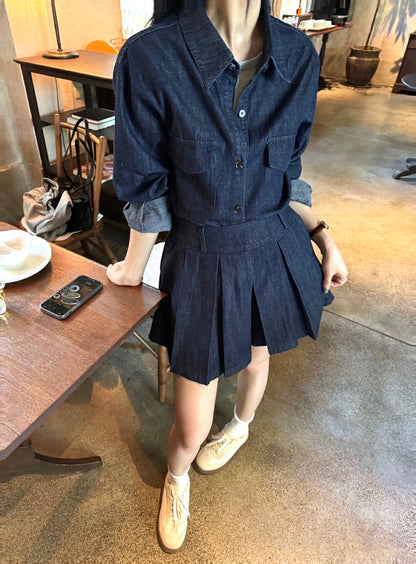 韓系牛仔襯衫+半身裙套裝
