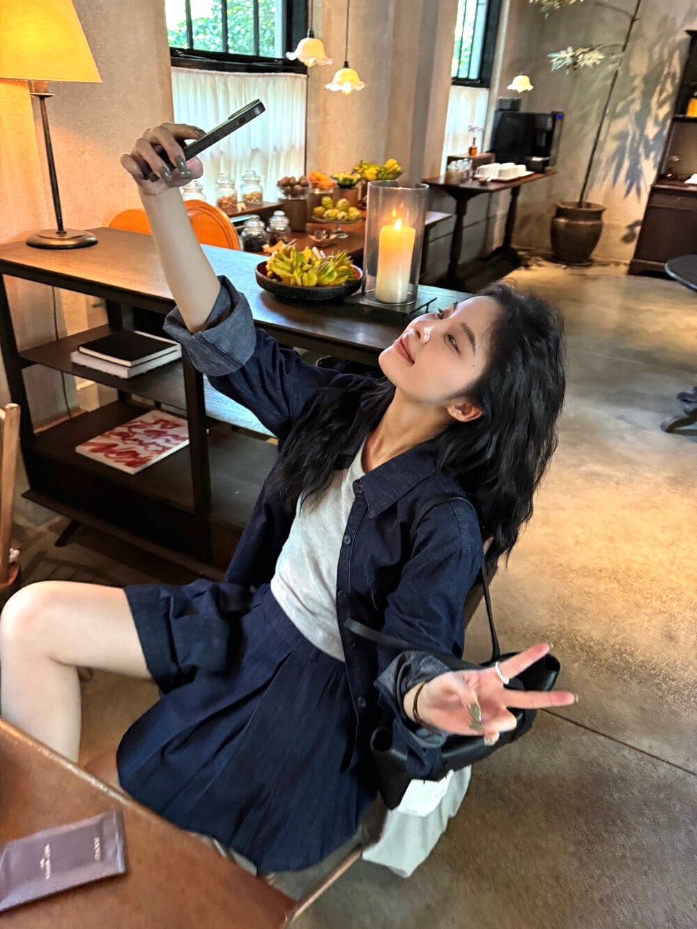 韓系牛仔襯衫+半身裙套裝