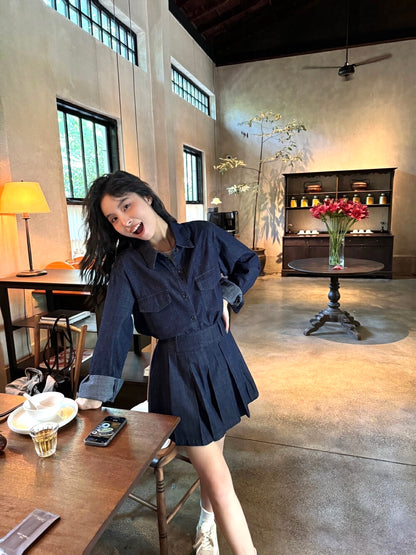韓系牛仔襯衫+半身裙套裝