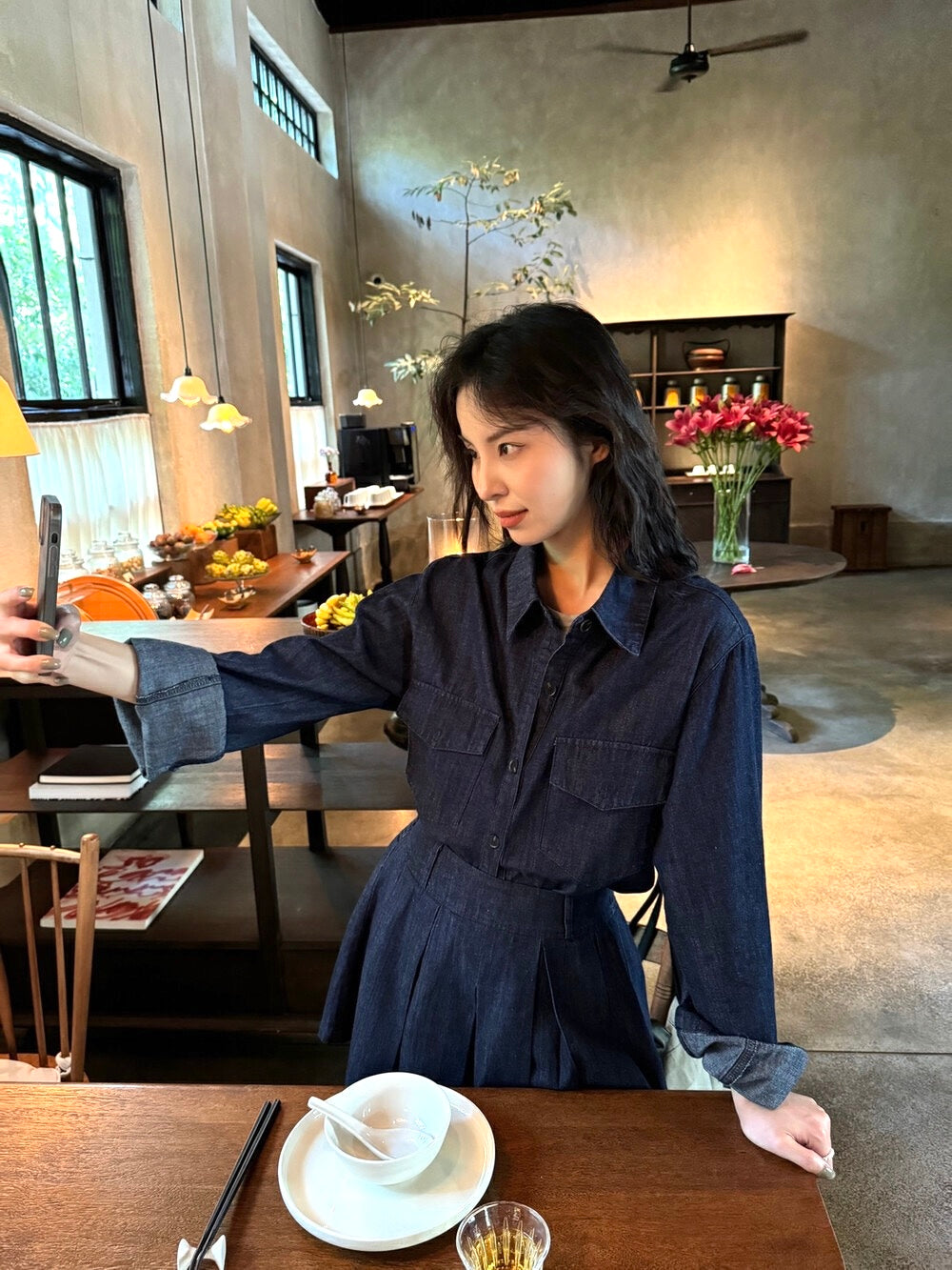 韓系牛仔襯衫+半身裙套裝