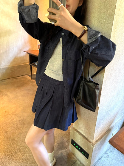 韓系牛仔襯衫+半身裙套裝