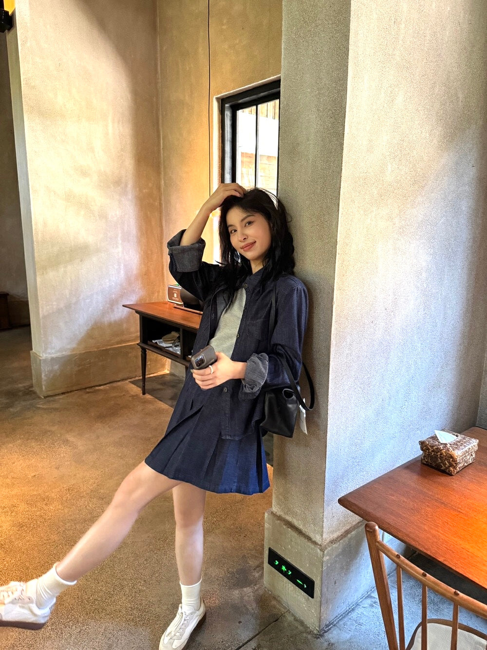 韓系牛仔襯衫+半身裙套裝