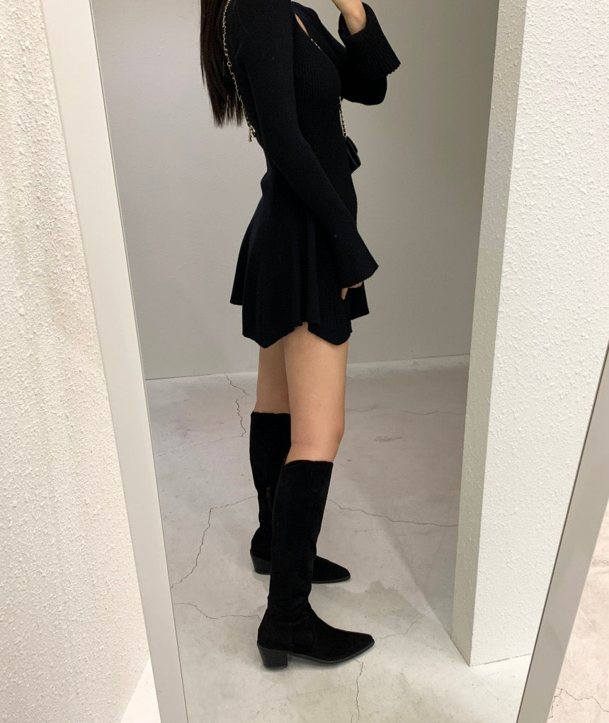 法式V領喇叭袖連身裙