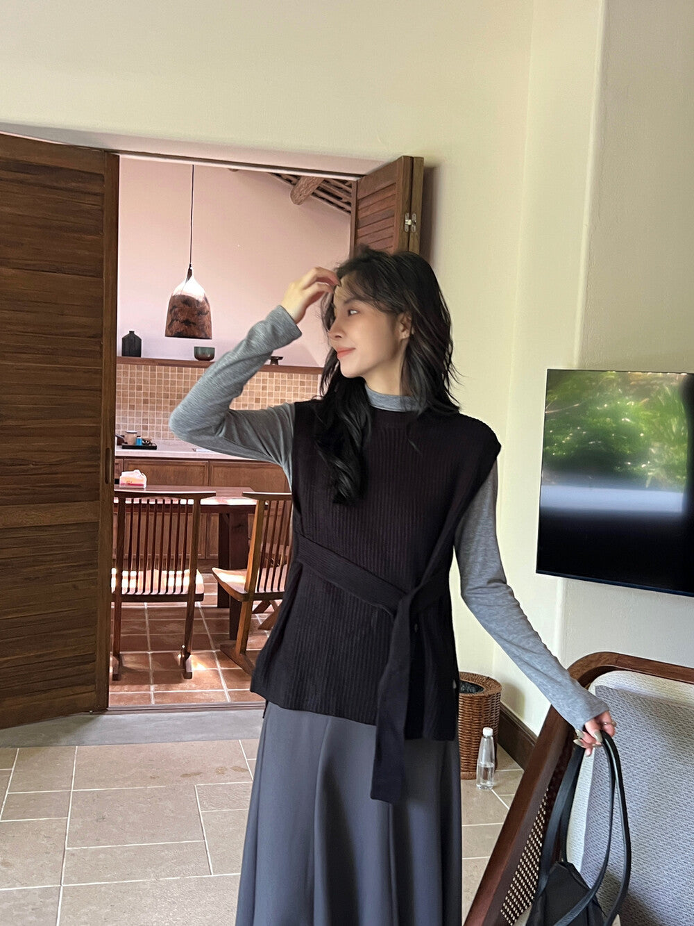 スリット付きベルトウエストニットベスト