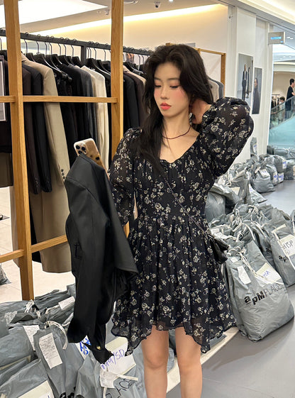 French V-neck Floral Print Dress