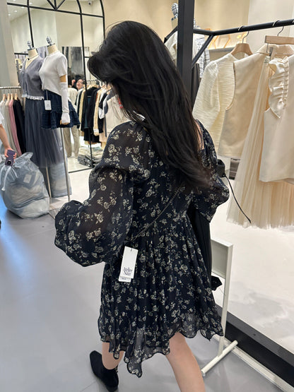 French V-neck Floral Print Dress